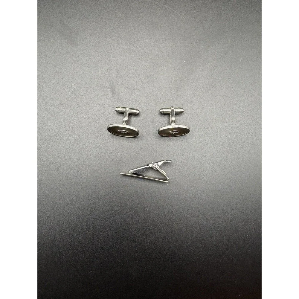 Vintage Oval Etched Cufflinks Diamond Accent Tie Bar Set Silver Tone Mens